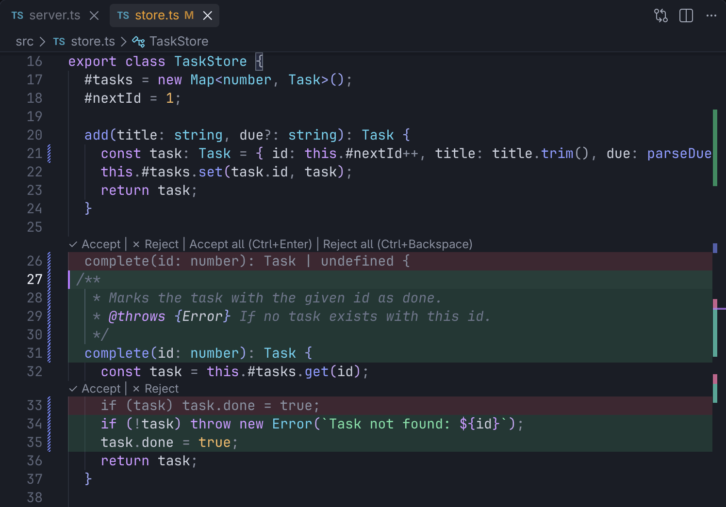 Ctrl+K inline edit: removed lines in red and new lines in green, including a JSDoc block, with Accept and Reject lenses on each block