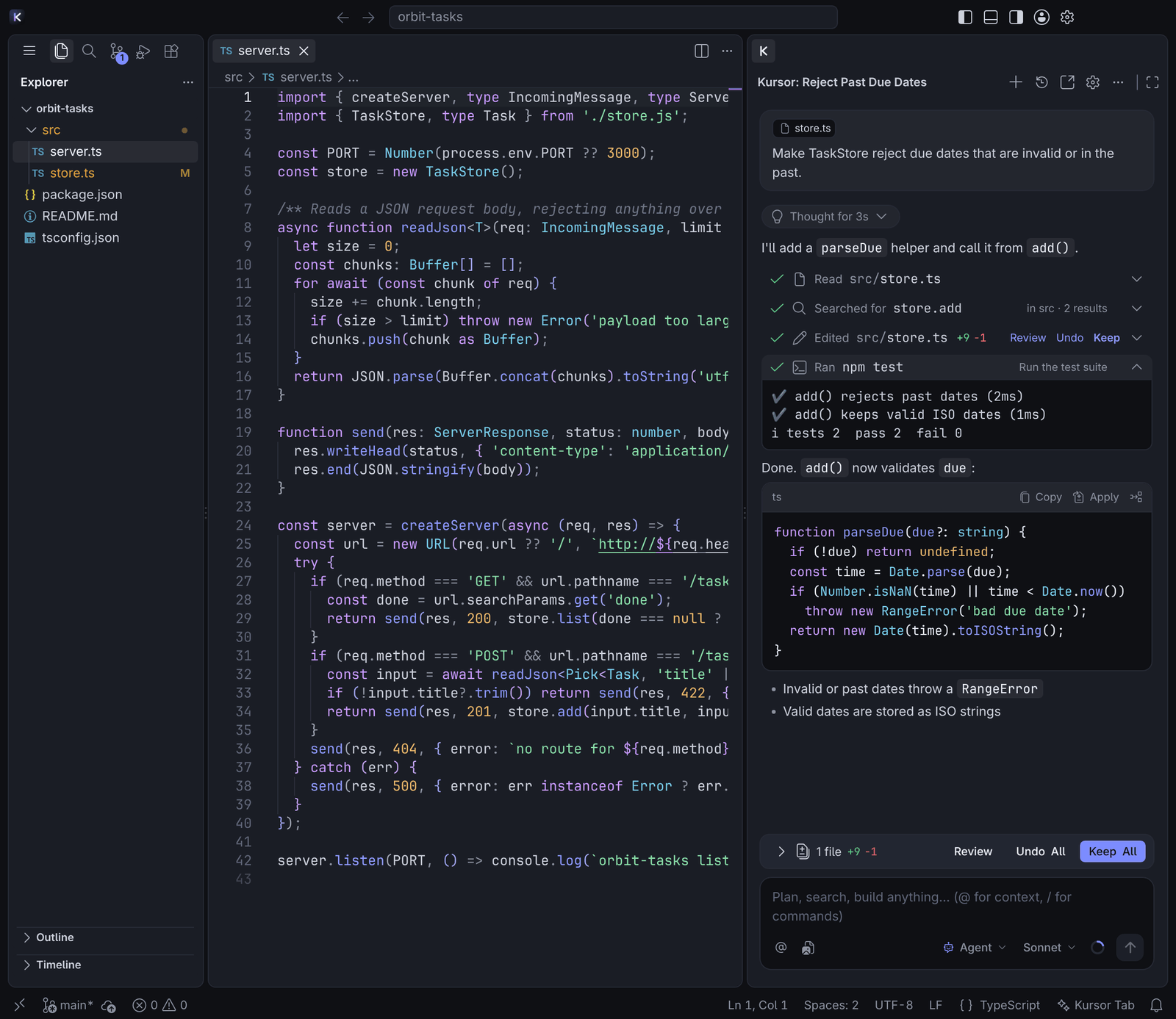 Kursor: editor with the agent chat in the right side bar showing Read, Search, Edit and Run tool rows, an edited file with Review / Undo / Keep, test output and the review bar