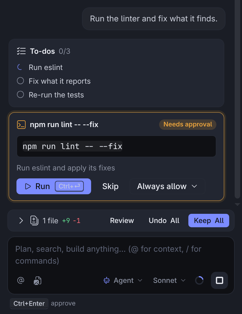 Permission card for npm run lint -- --fix with Run, Skip and Always allow, above the review bar and the composer
