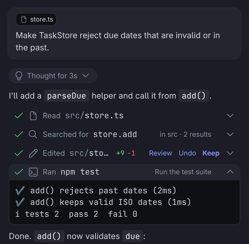 Chat transcript with Read and Search rows, an Edited row showing +9 −1 with Review, Undo and Keep, and the test run output